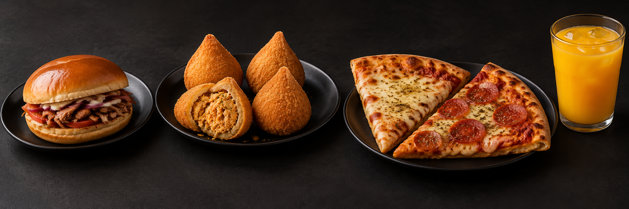 Sanduíche, salgados, pizza e suco sobre uma mesa preta